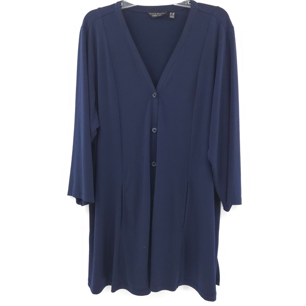 Susan Graver Liquid Knit Cardigan Women 2X Navy Blue Button Front V-Neck Office